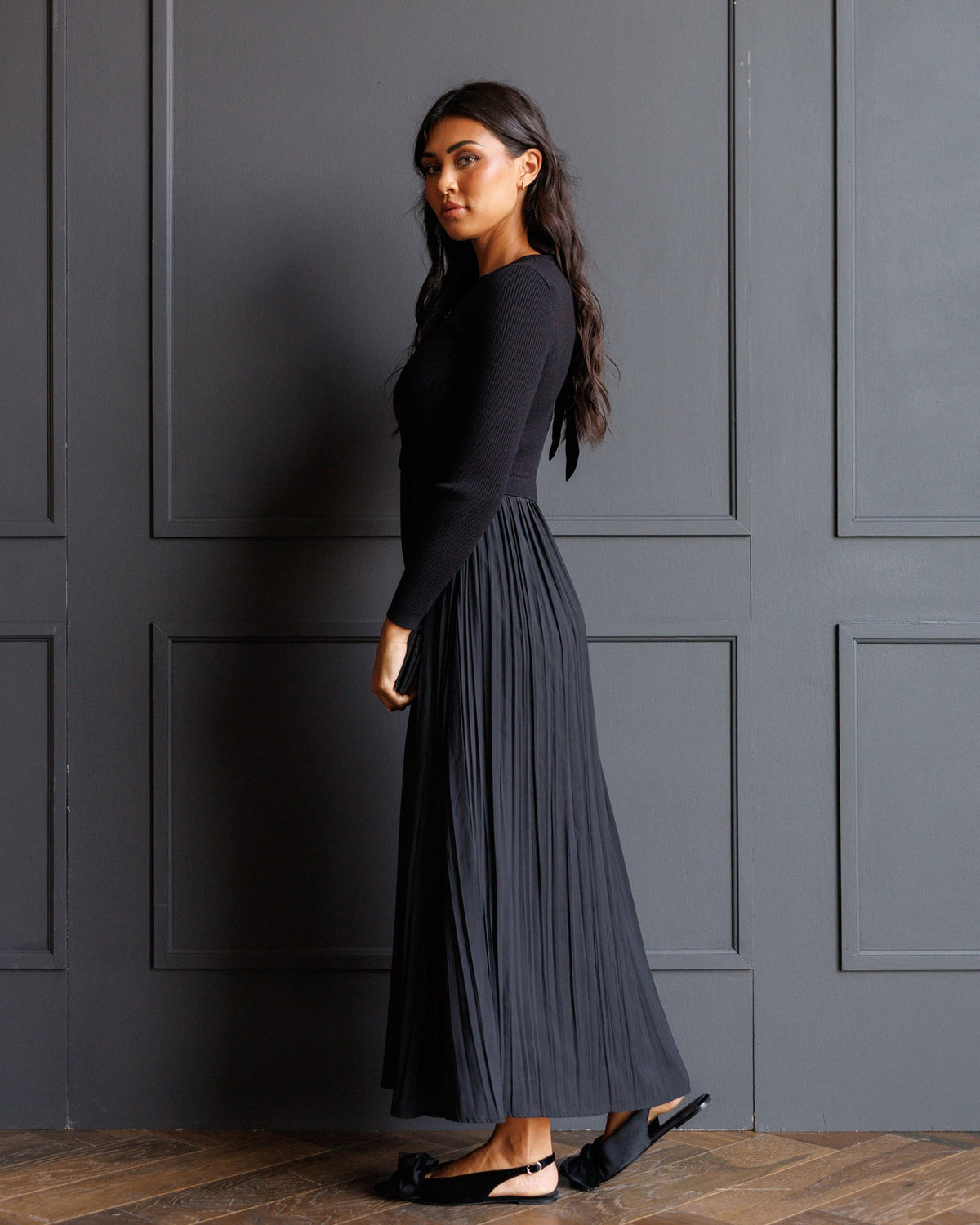 Soho Black Knit & Pleated Satin Maxi Dress