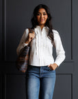 Signature Tuxedo Ruffle Button Down Blouse in White