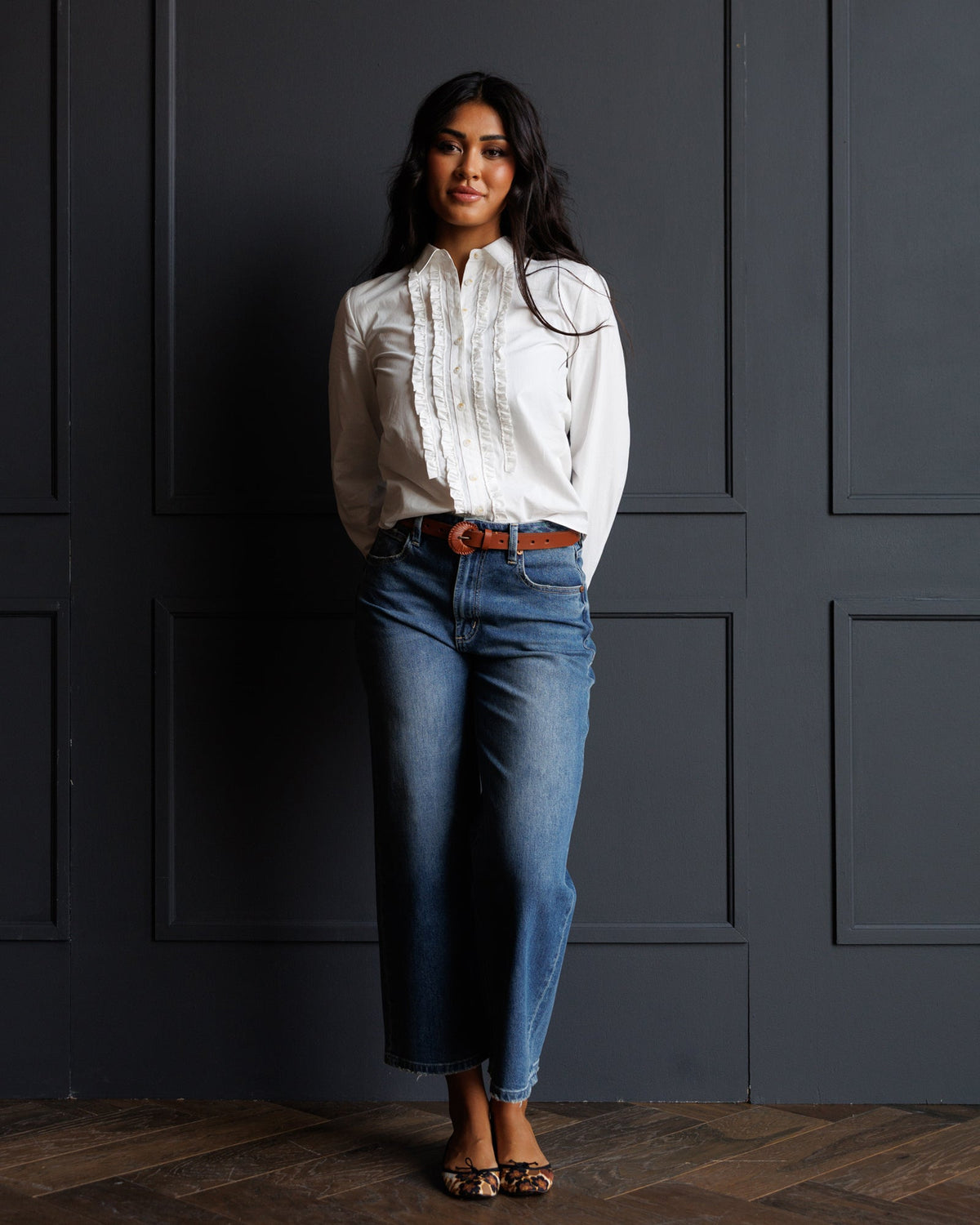 Signature Tuxedo Ruffle Button Down Blouse in White