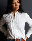 Signature Tuxedo Ruffle Button Down Blouse in White
