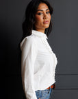 Signature Tuxedo Ruffle Button Down Blouse in White