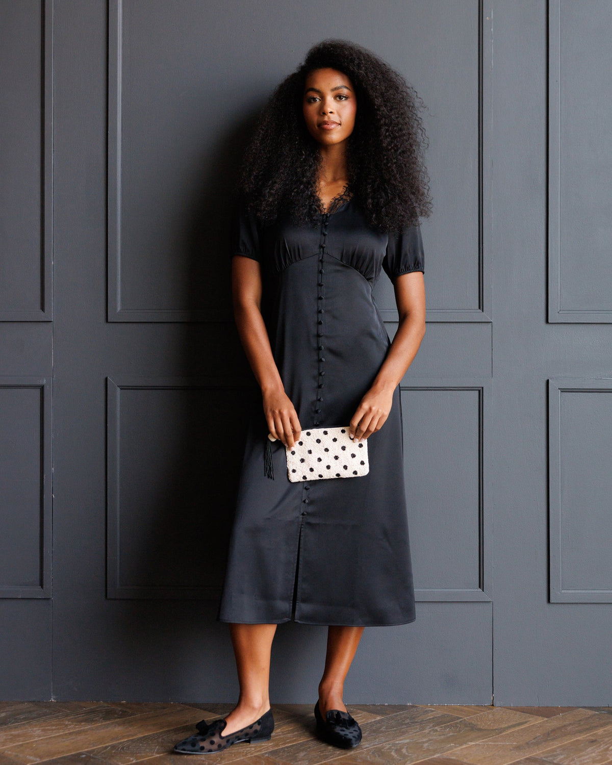 First Love Black Lace Trim Midi Dress