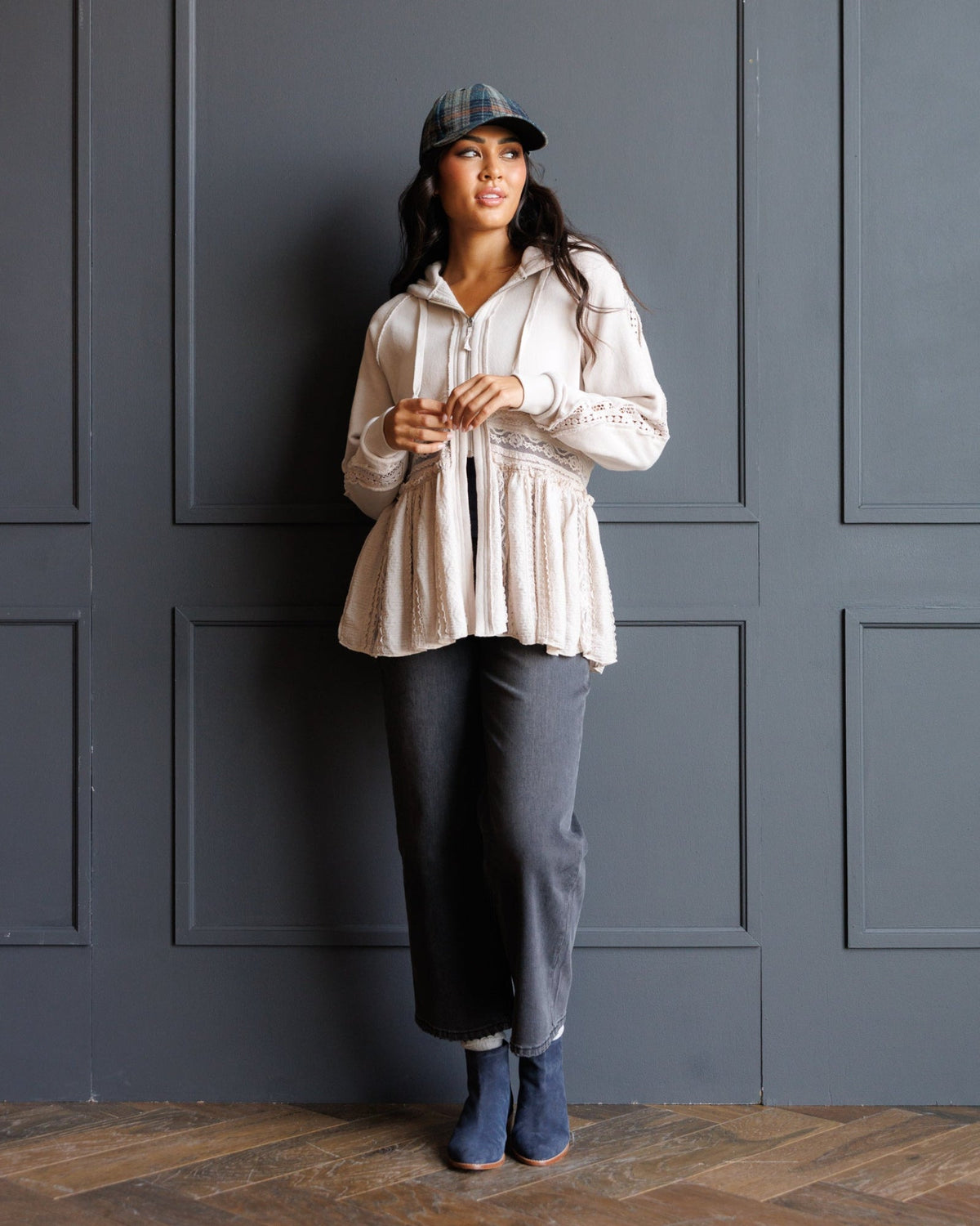 Hometown Cream Lace Peplum Zip-Up Hoodie