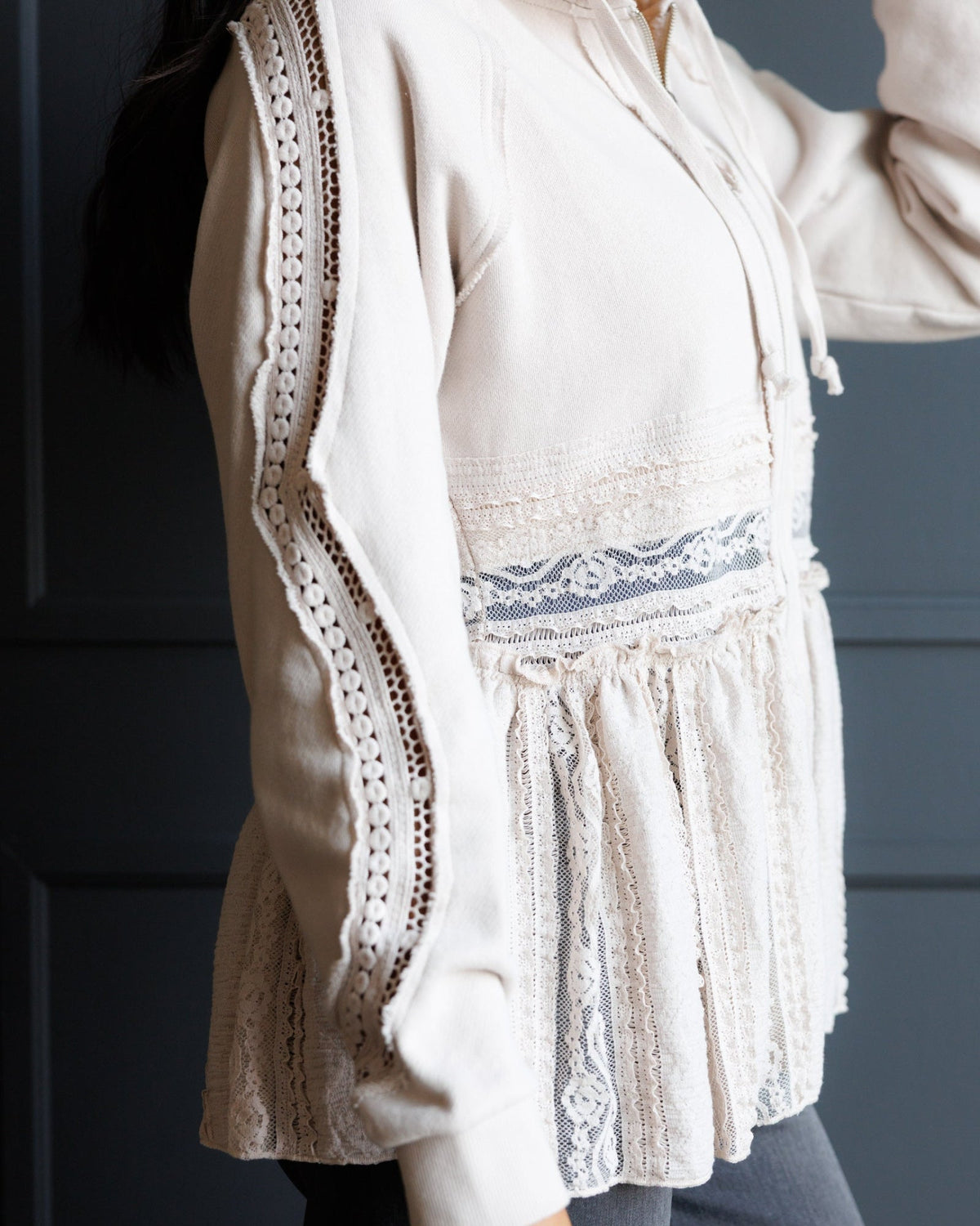 Hometown Cream Lace Peplum Zip-Up Hoodie