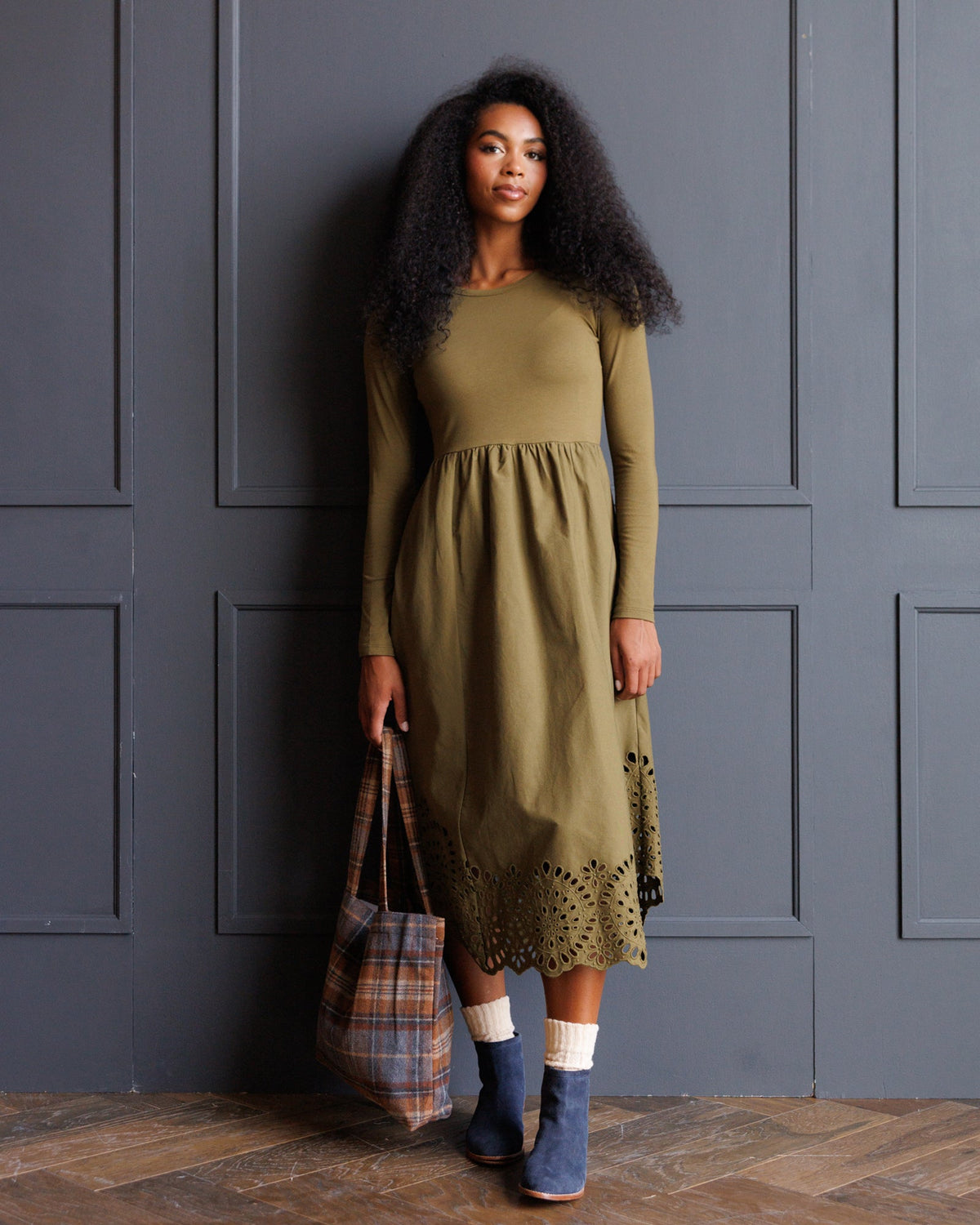 Olive Embroidered Long Sleeve Hybrid Maxi Dress