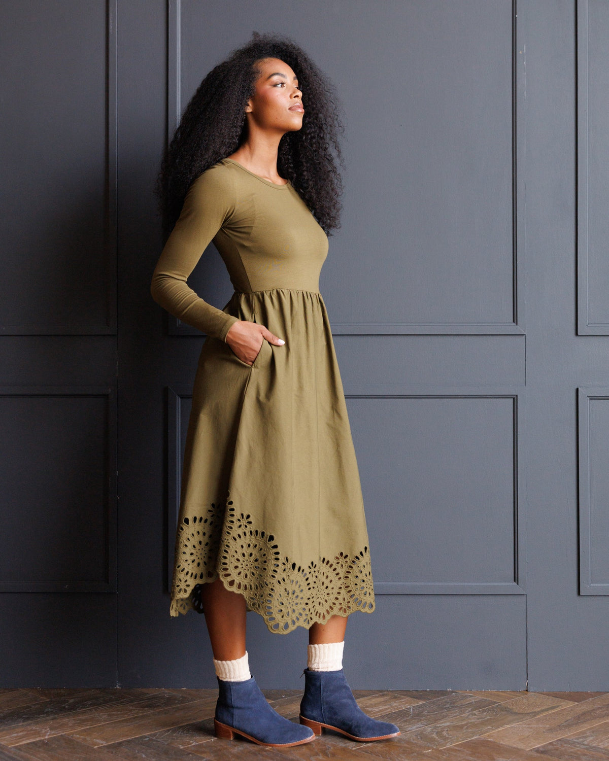 Olive Embroidered Long Sleeve Hybrid Maxi Dress