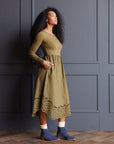 Olive Embroidered Long Sleeve Hybrid Maxi Dress