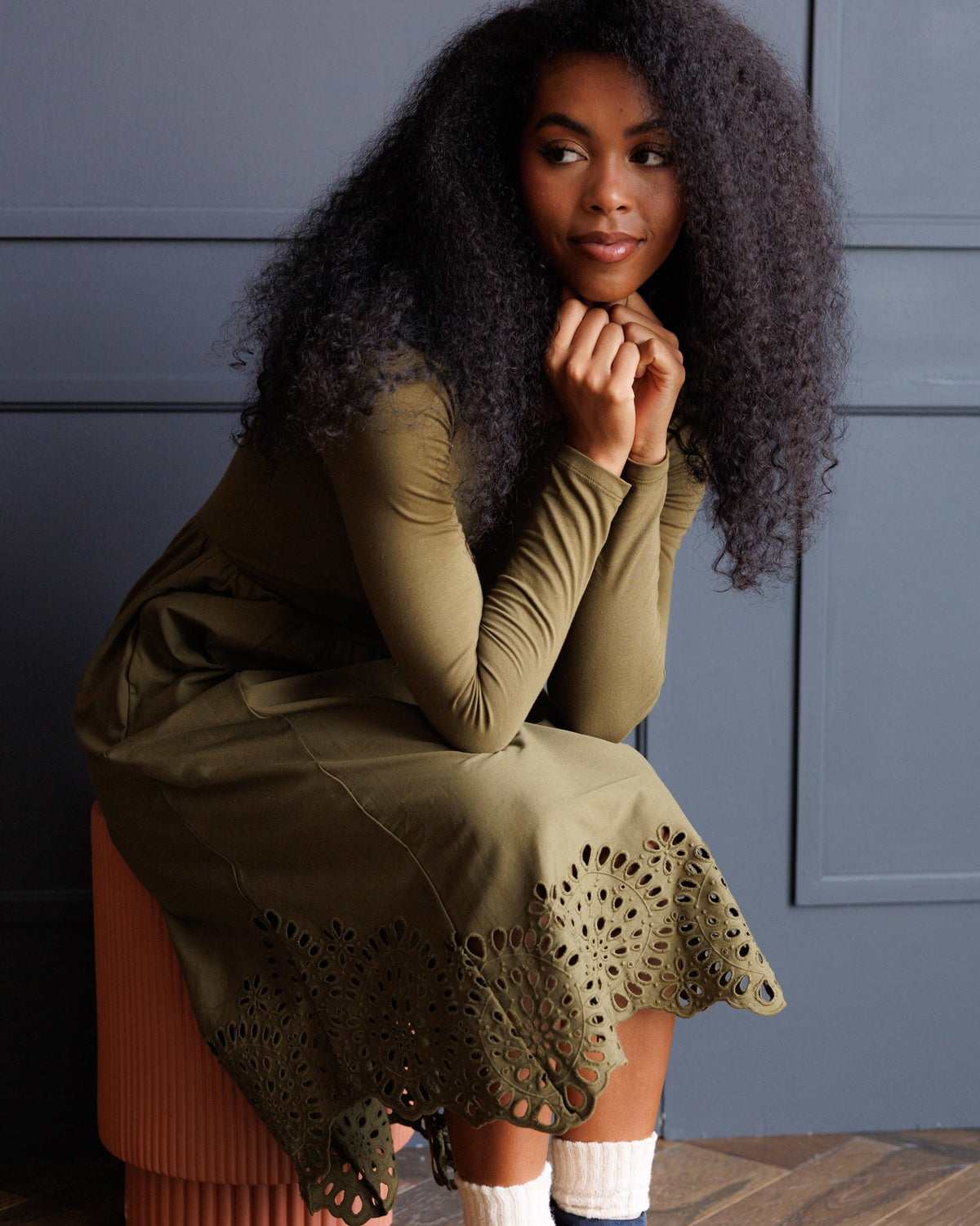 Olive Embroidered Long Sleeve Hybrid Maxi Dress