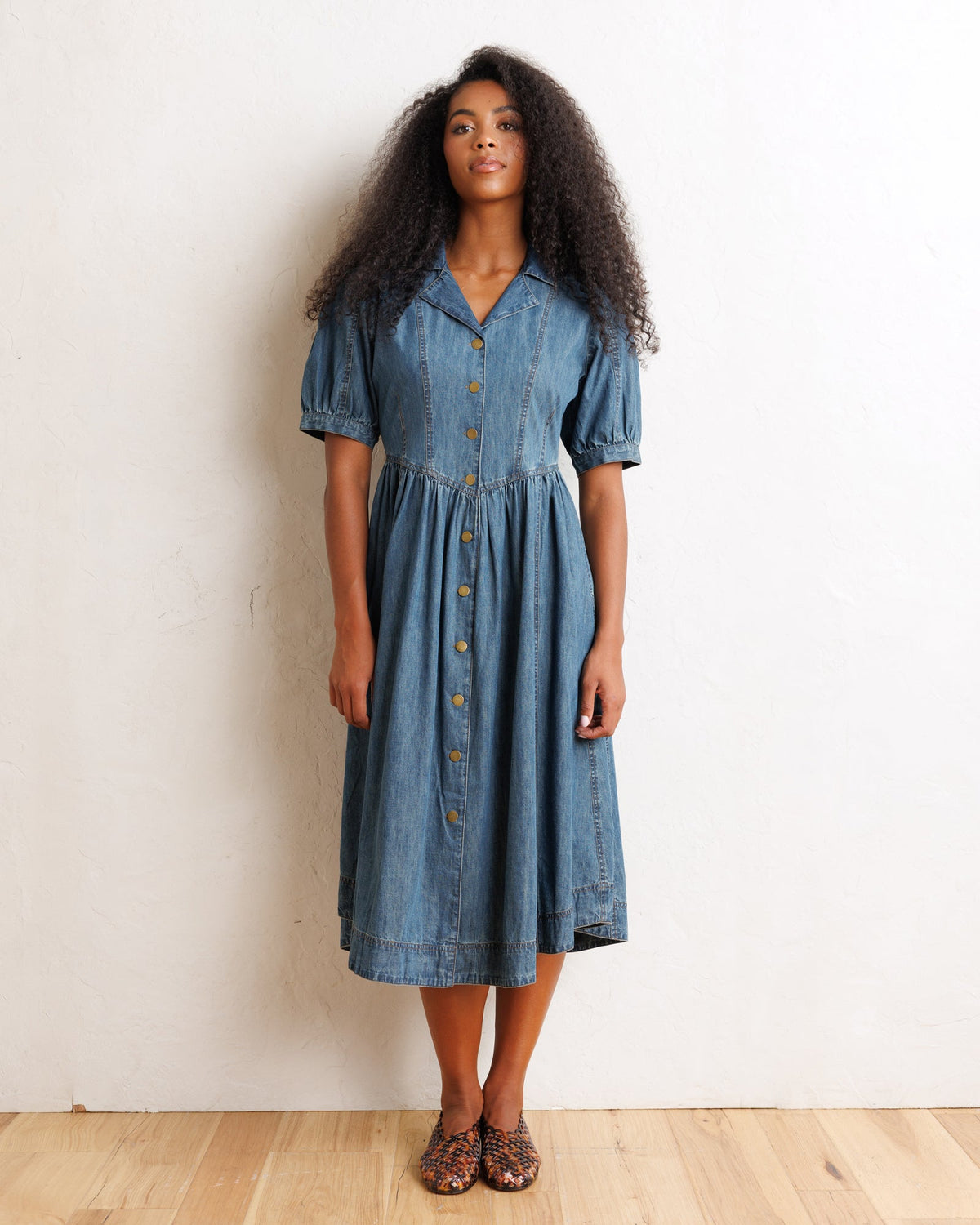 Orchard Puff Sleeve Denim Midi Dress