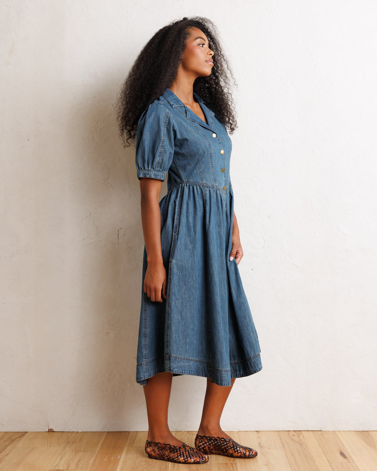 Orchard Puff Sleeve Denim Midi Dress