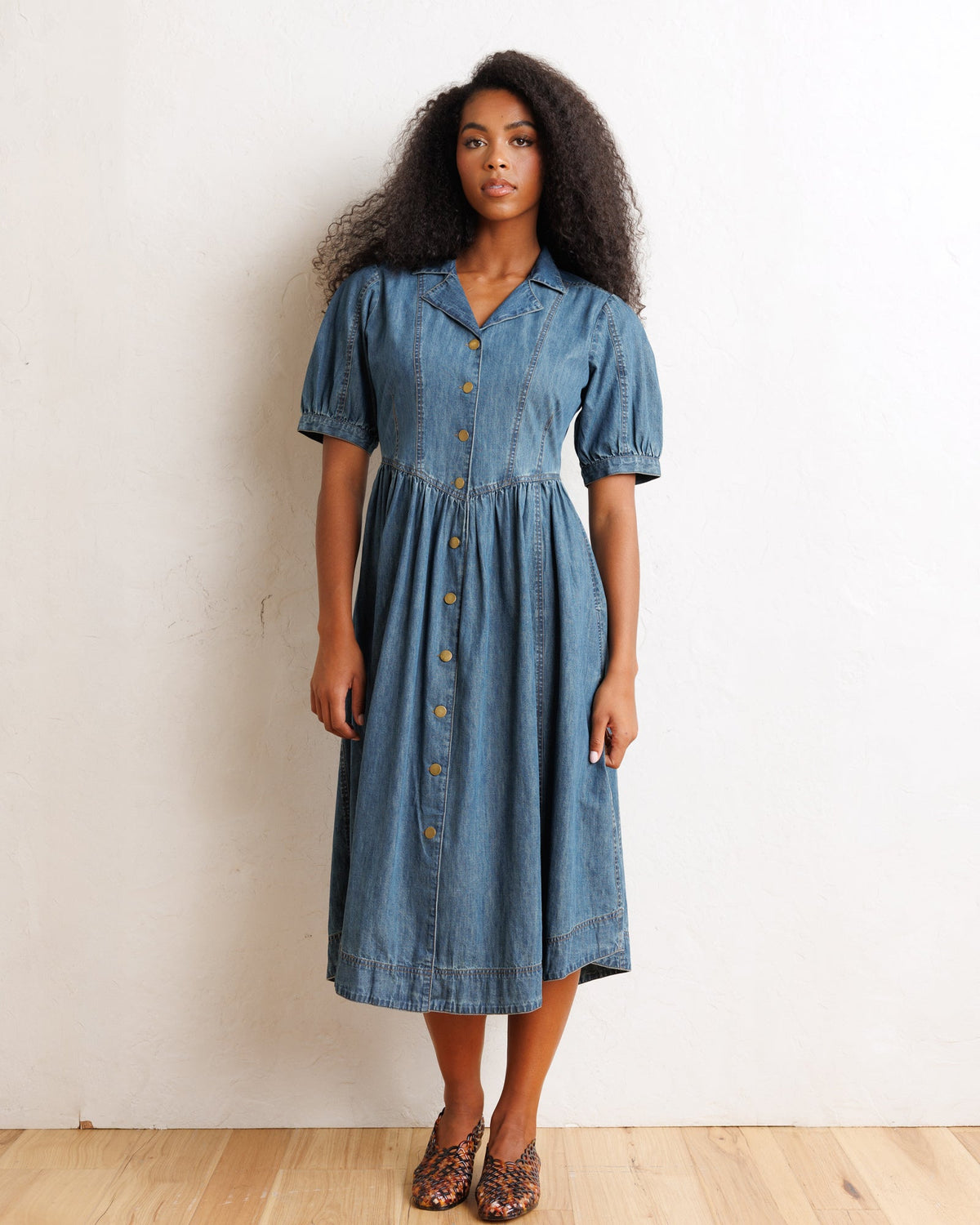 Orchard Puff Sleeve Denim Midi Dress