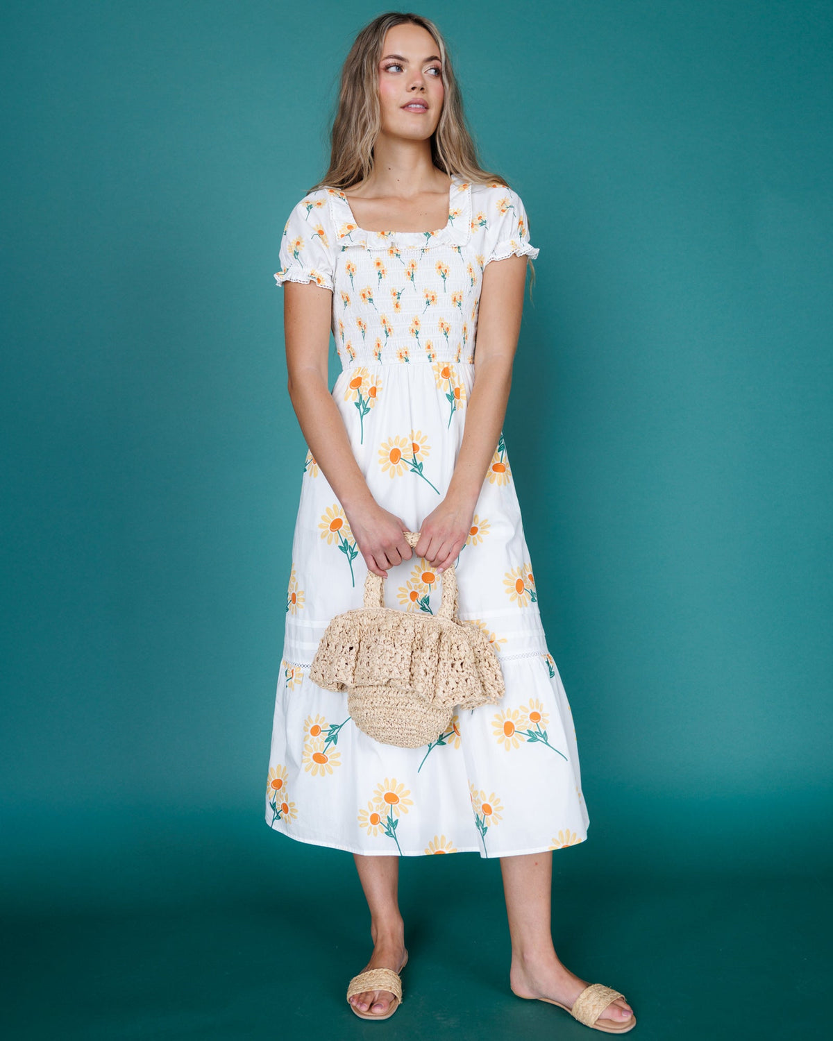 Arboretum White Sunflower Smocked Midi Dress