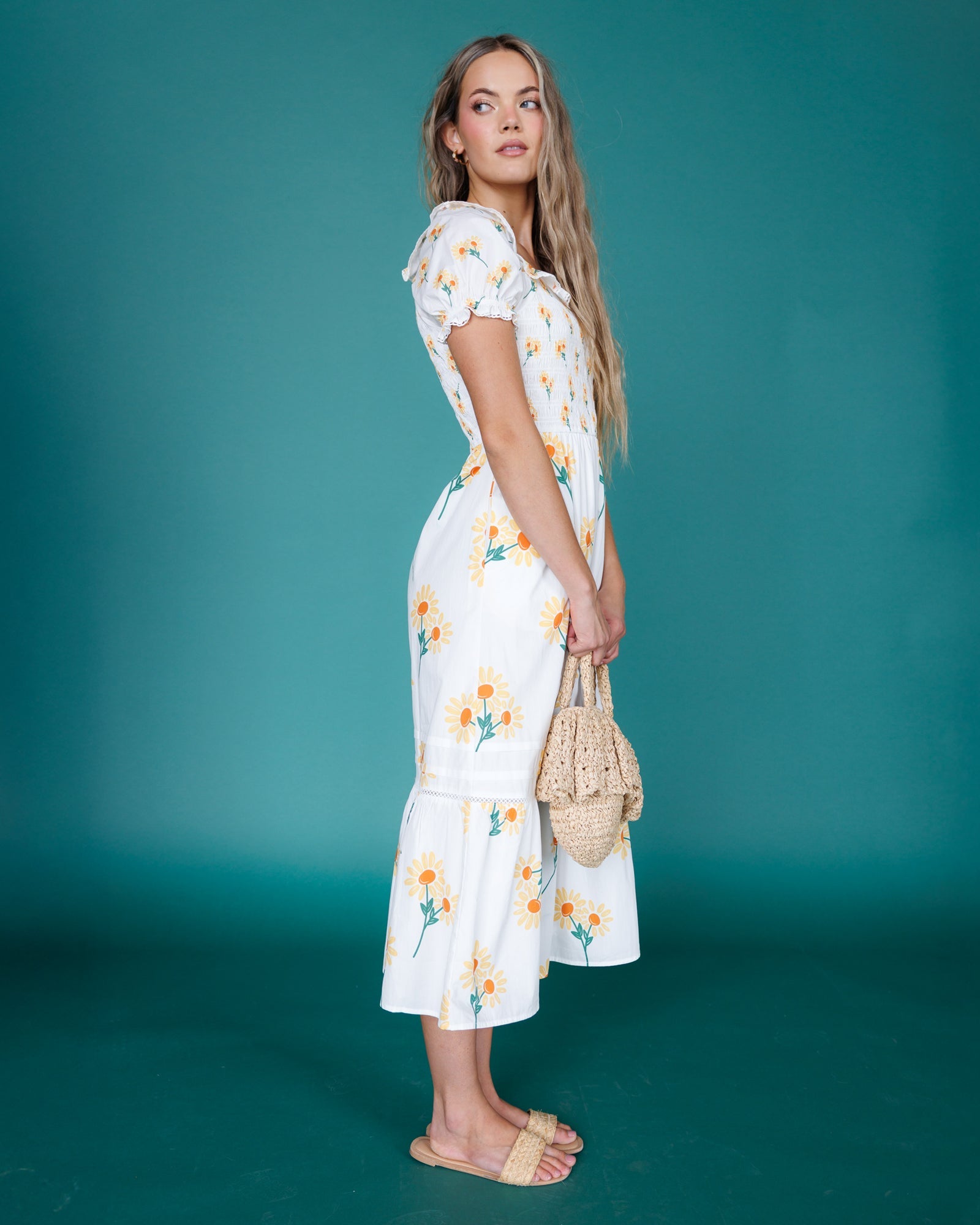 Arboretum White Sunflower Smocked Midi Dress