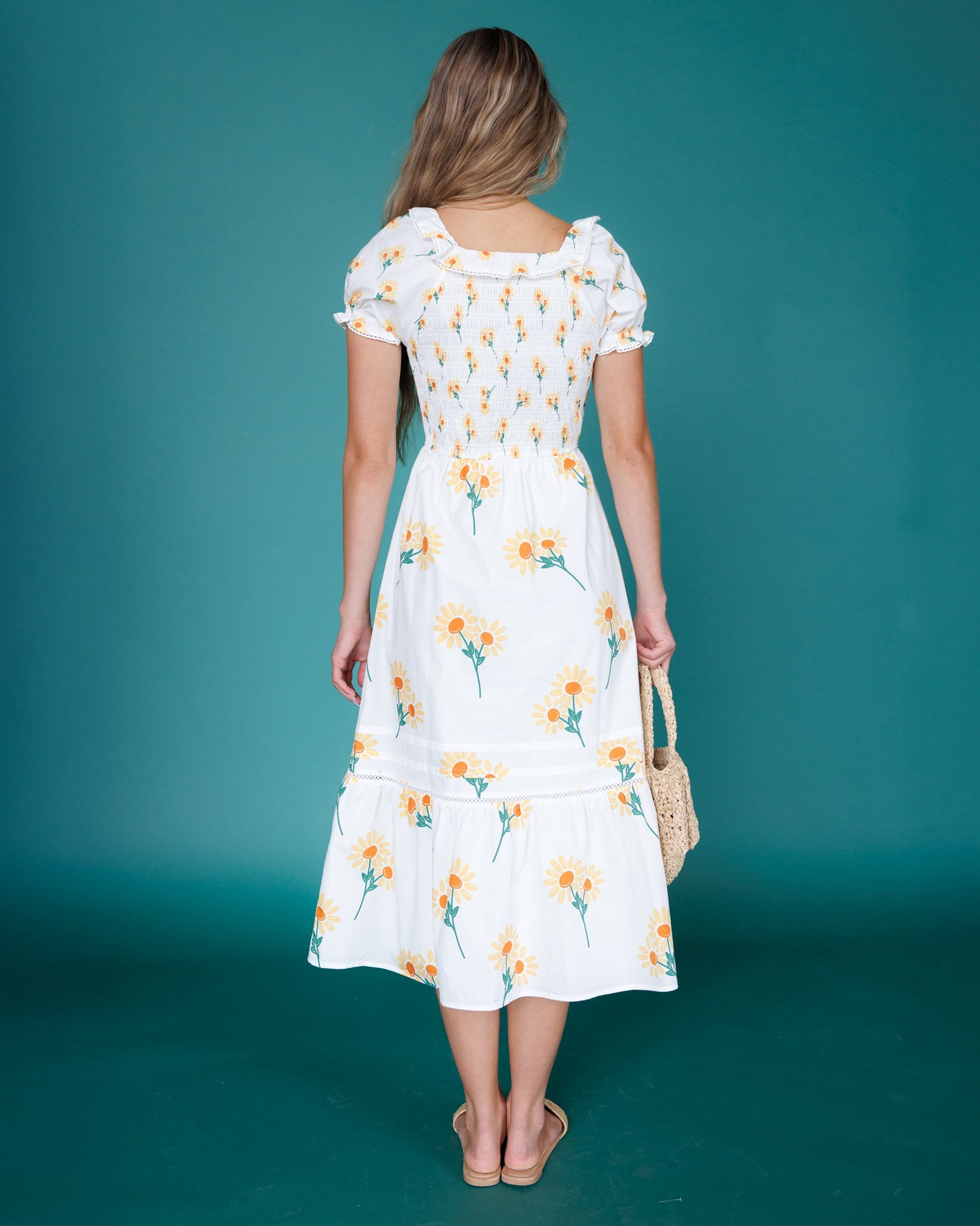 Arboretum White Sunflower Smocked Midi Dress