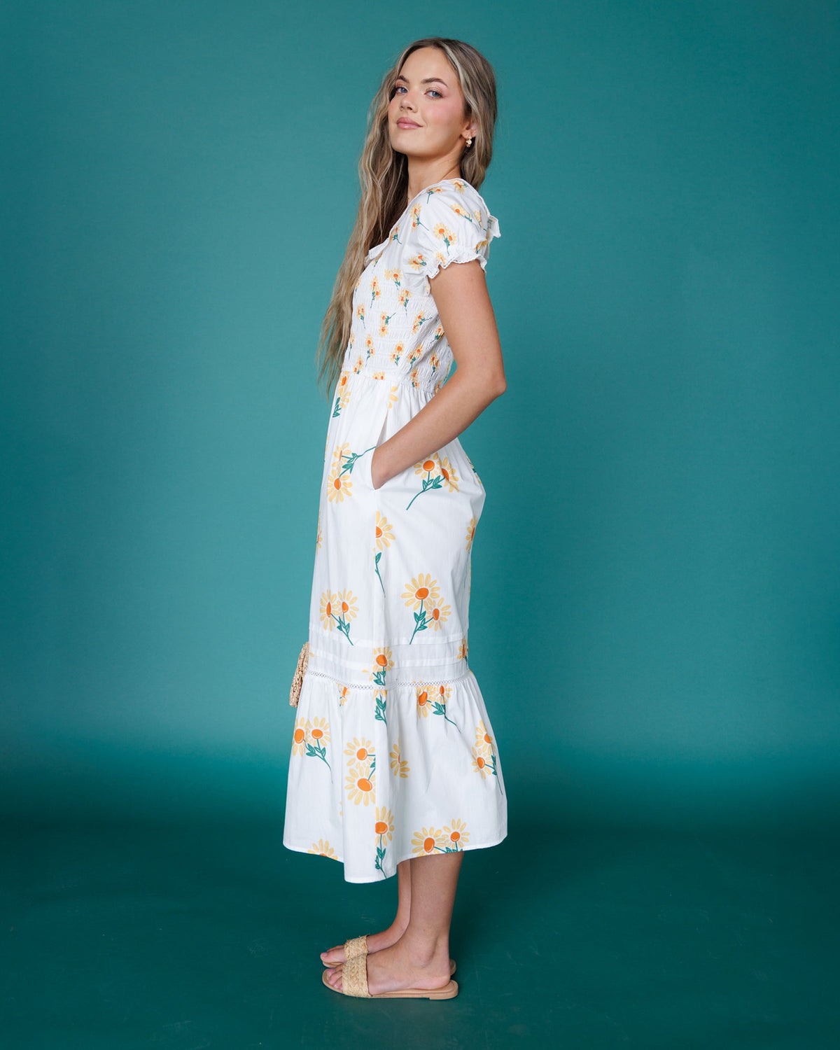 Arboretum White Sunflower Smocked Midi Dress