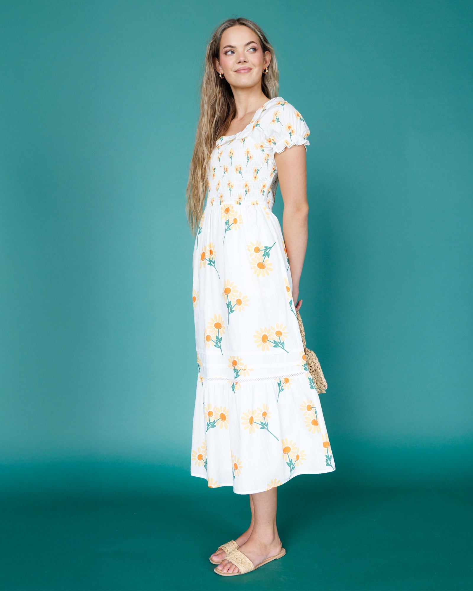 Arboretum White Sunflower Smocked Midi Dress