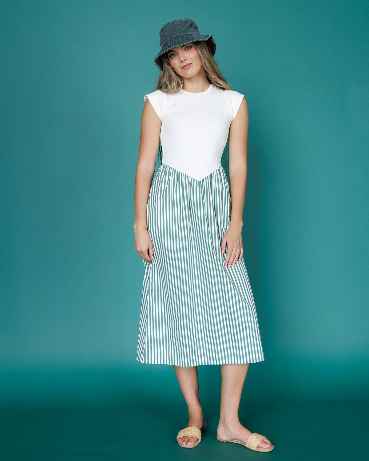 Valencia Green Striped Mixed-Media Midi Dress