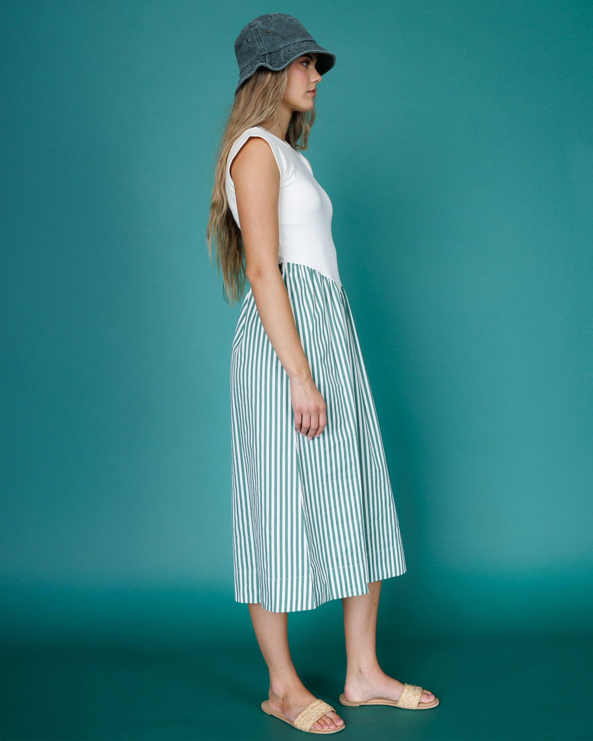Valencia Green Striped Mixed-Media Midi Dress