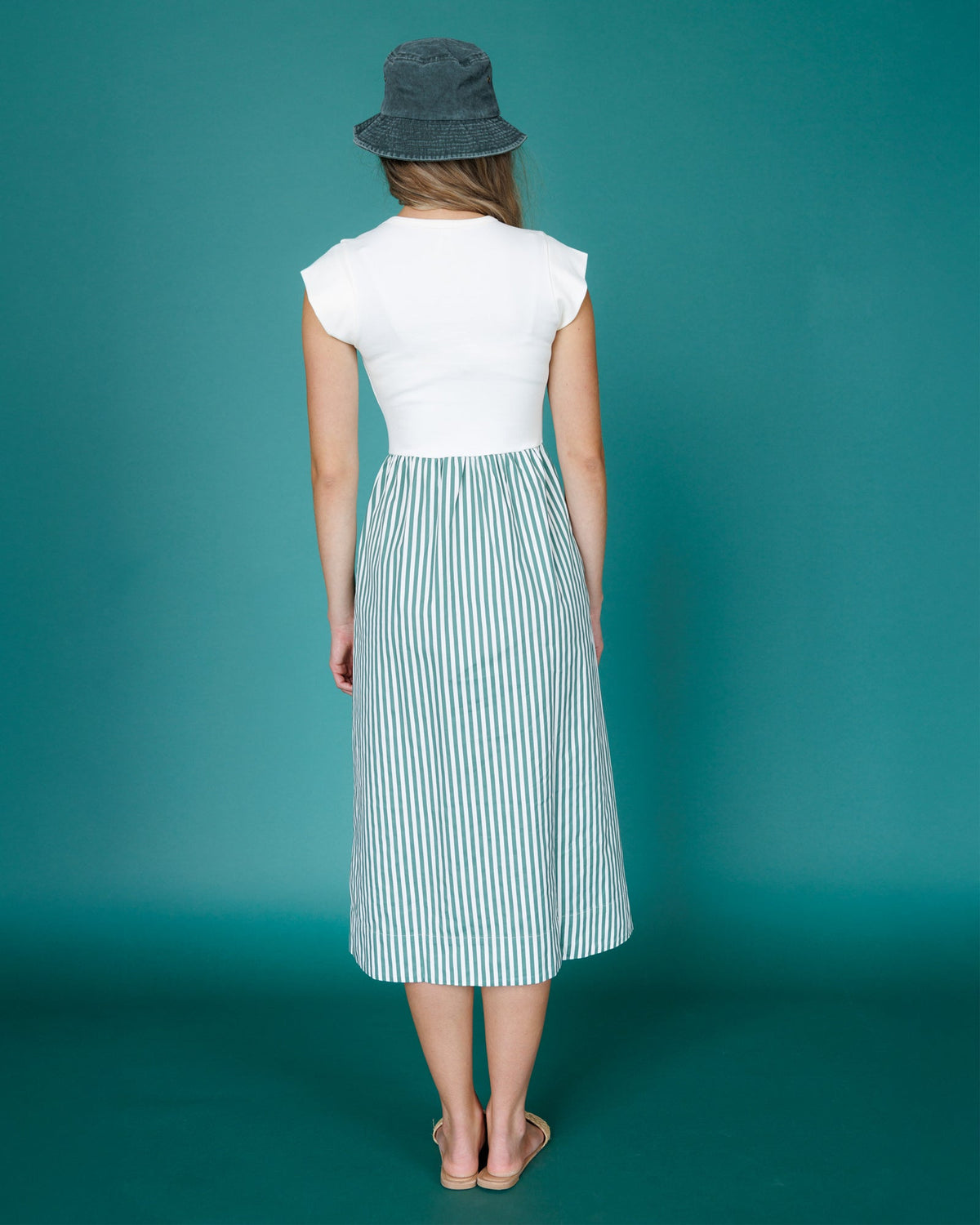 Valencia Green Striped Mixed-Media Midi Dress
