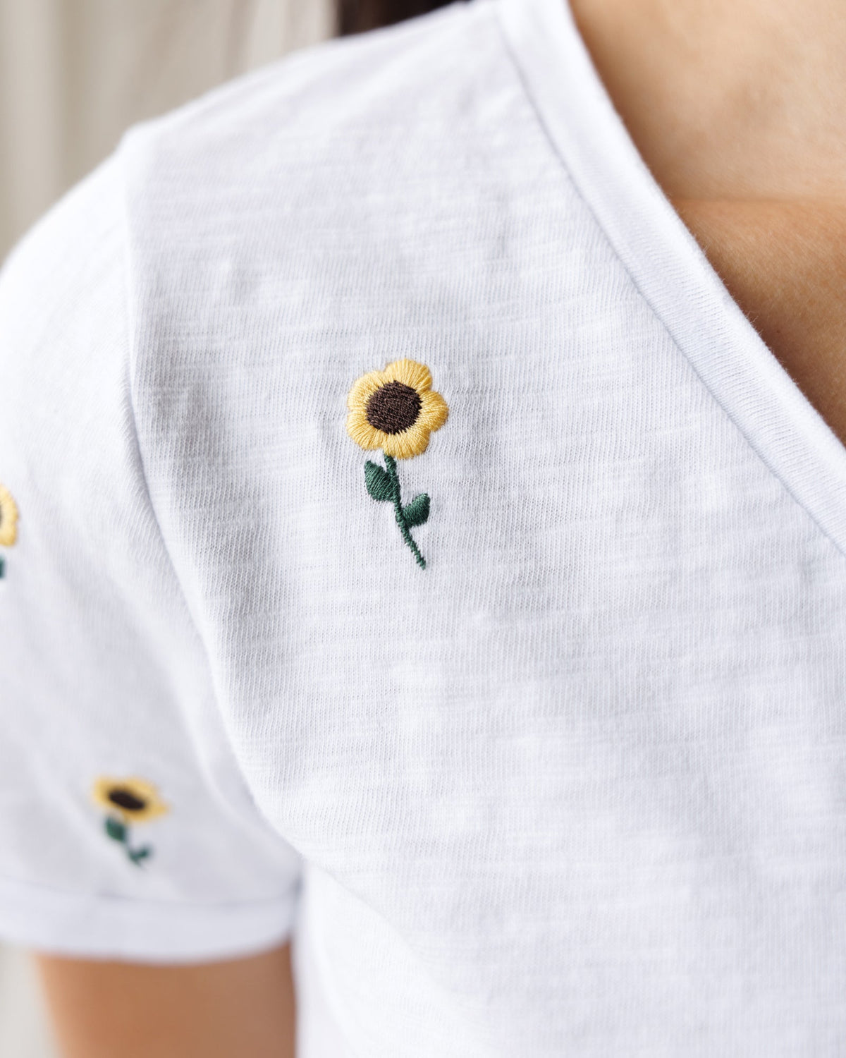Sunflower Fields Embroidered V-Neck Tee