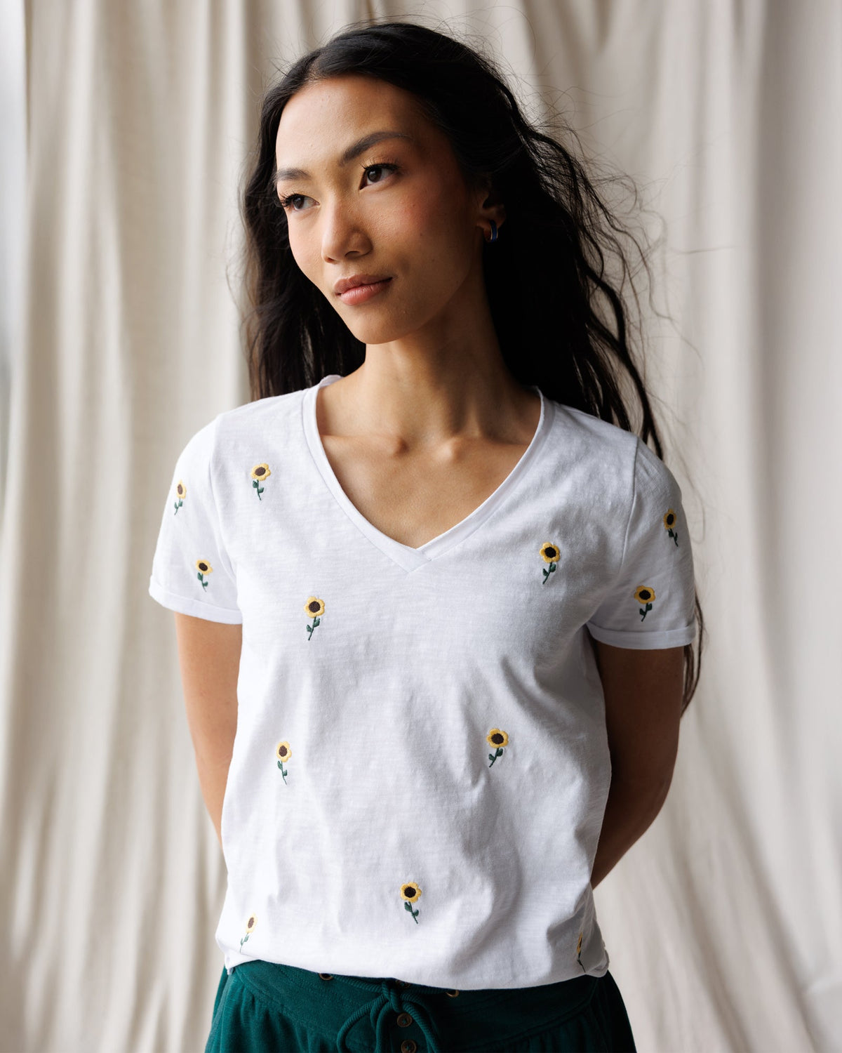 Sunflower Fields Embroidered V-Neck Tee