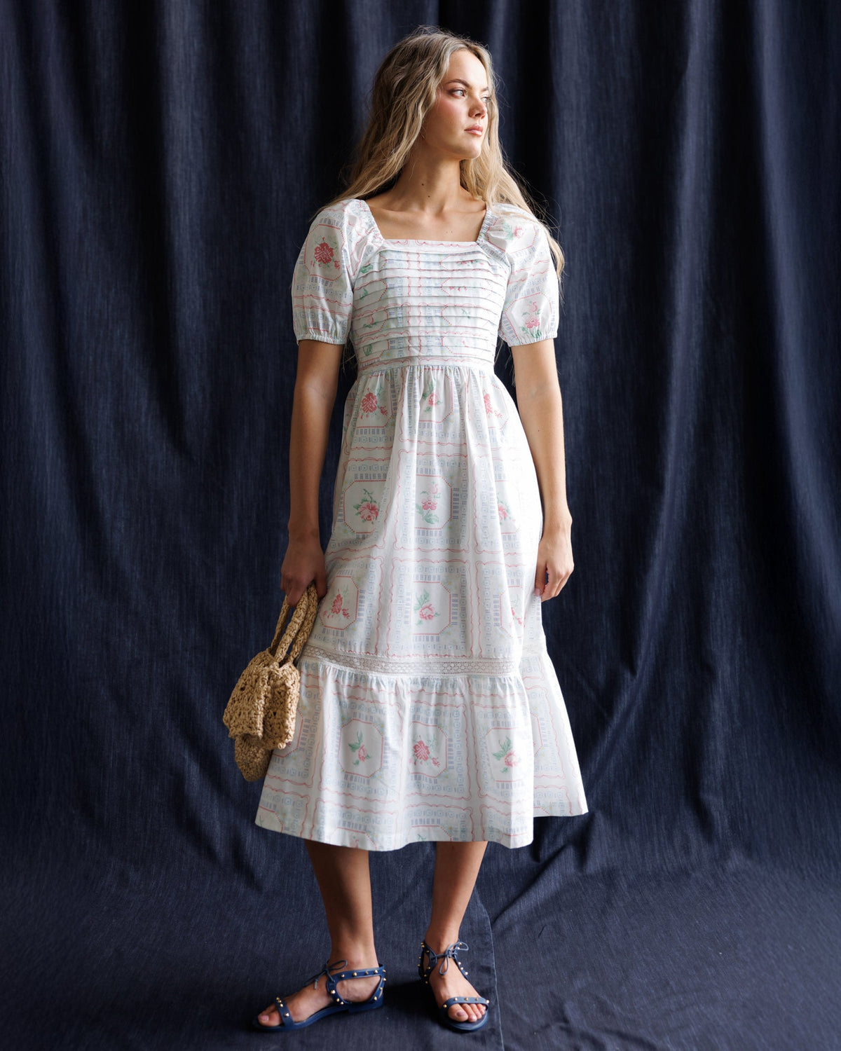 Cross Stitch Rose Print Midi Dress