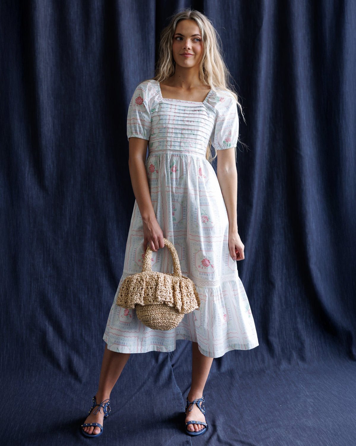 Cross Stitch Rose Print Midi Dress