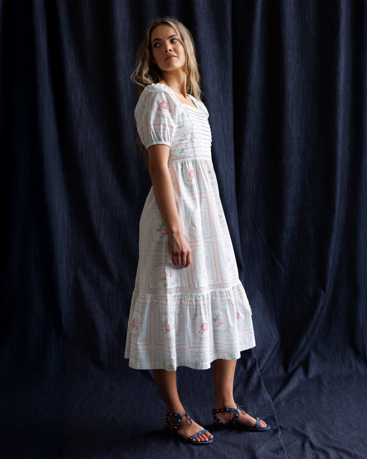 Cross Stitch Rose Print Midi Dress