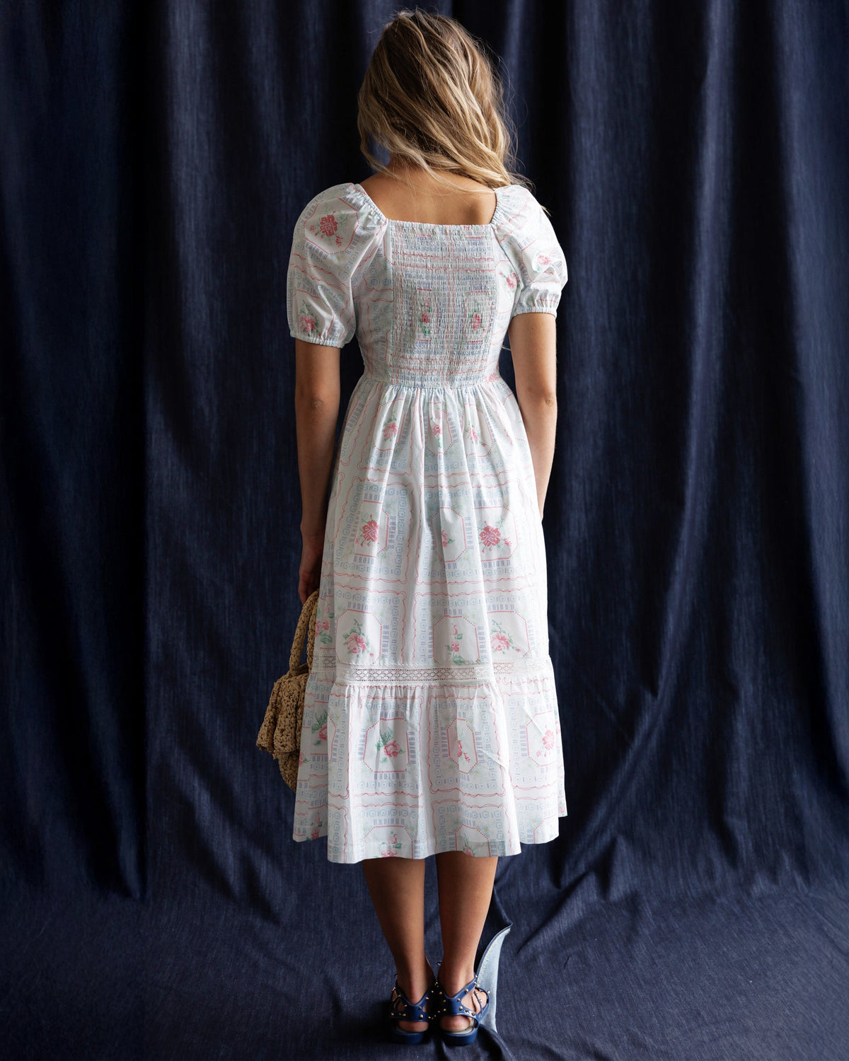 Cross Stitch Rose Print Midi Dress
