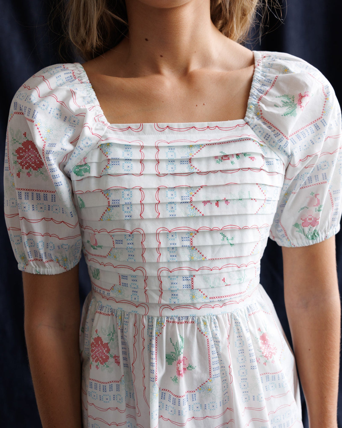 Cross Stitch Rose Print Midi Dress