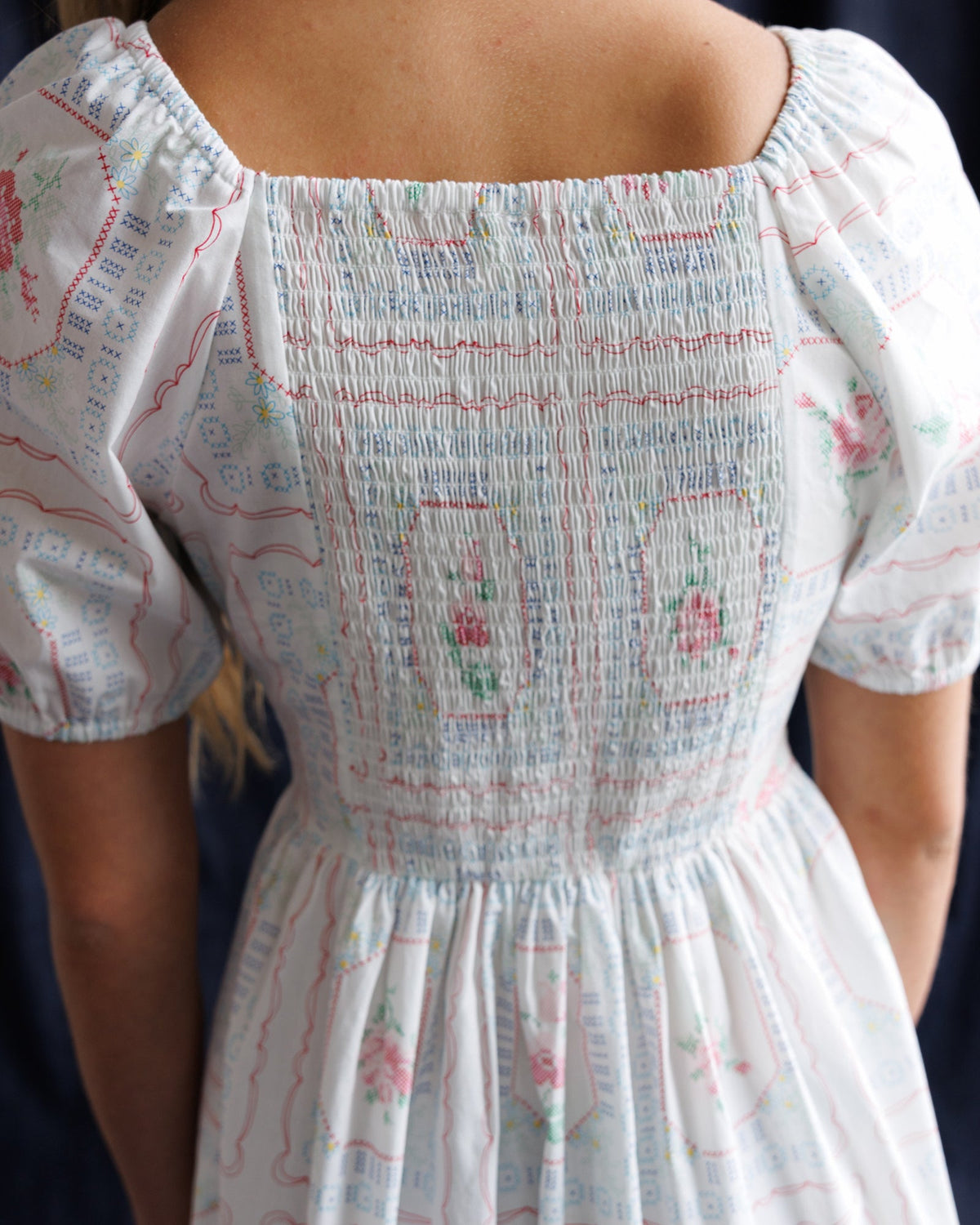 Cross Stitch Rose Print Midi Dress