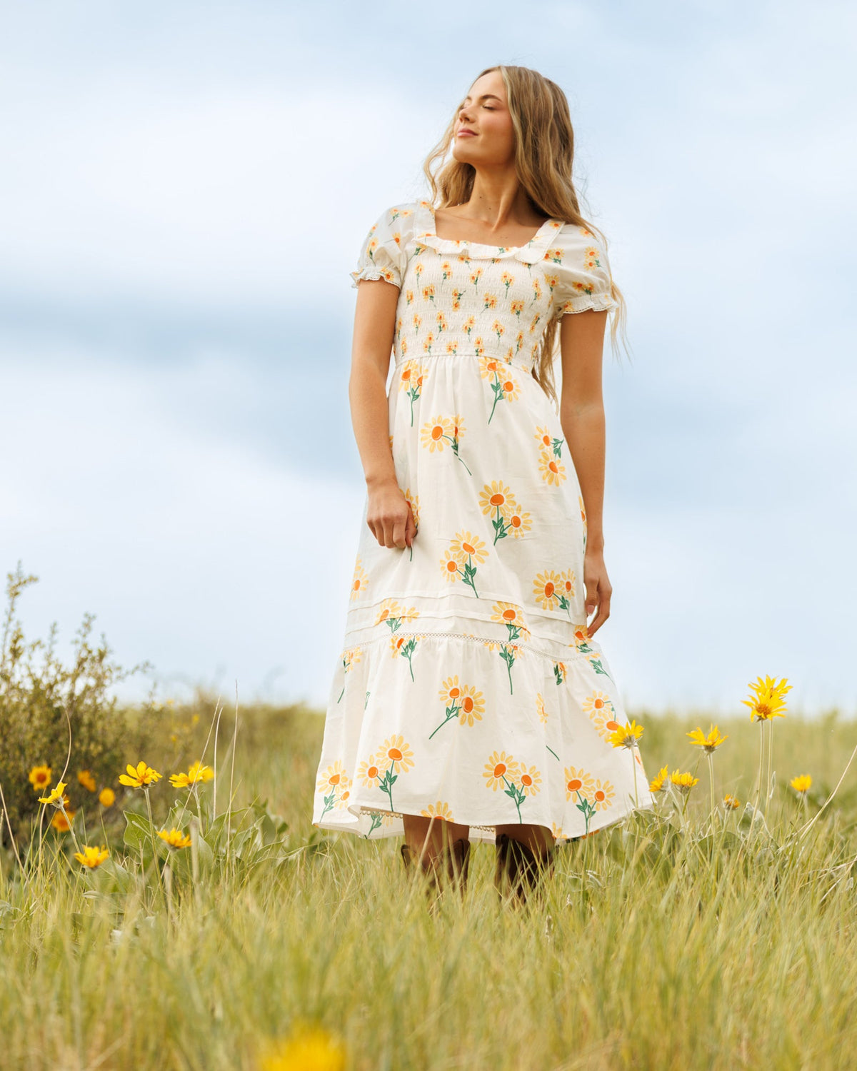 Arboretum White Sunflower Smocked Midi Dress