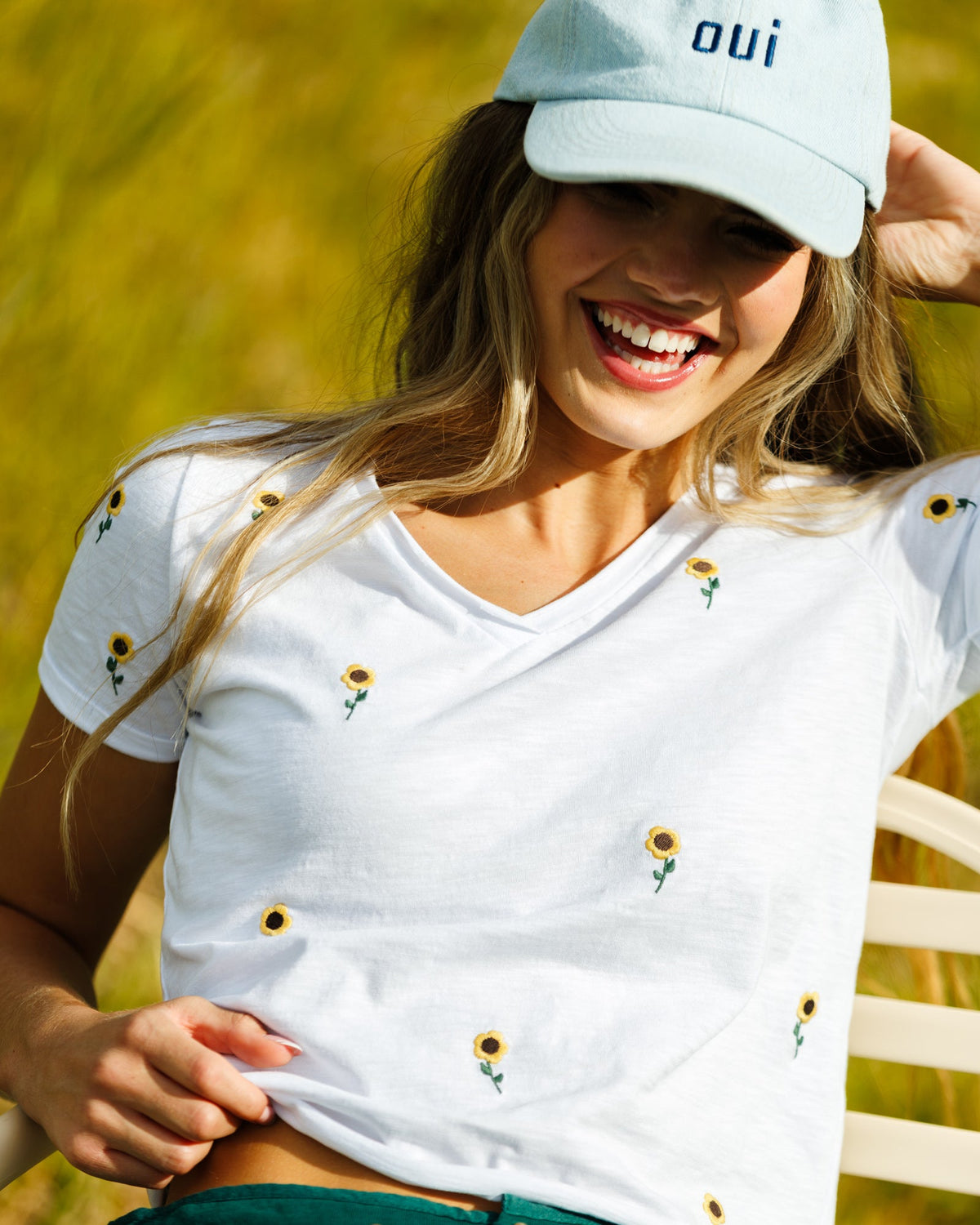 Sunflower Fields Embroidered V-Neck Tee