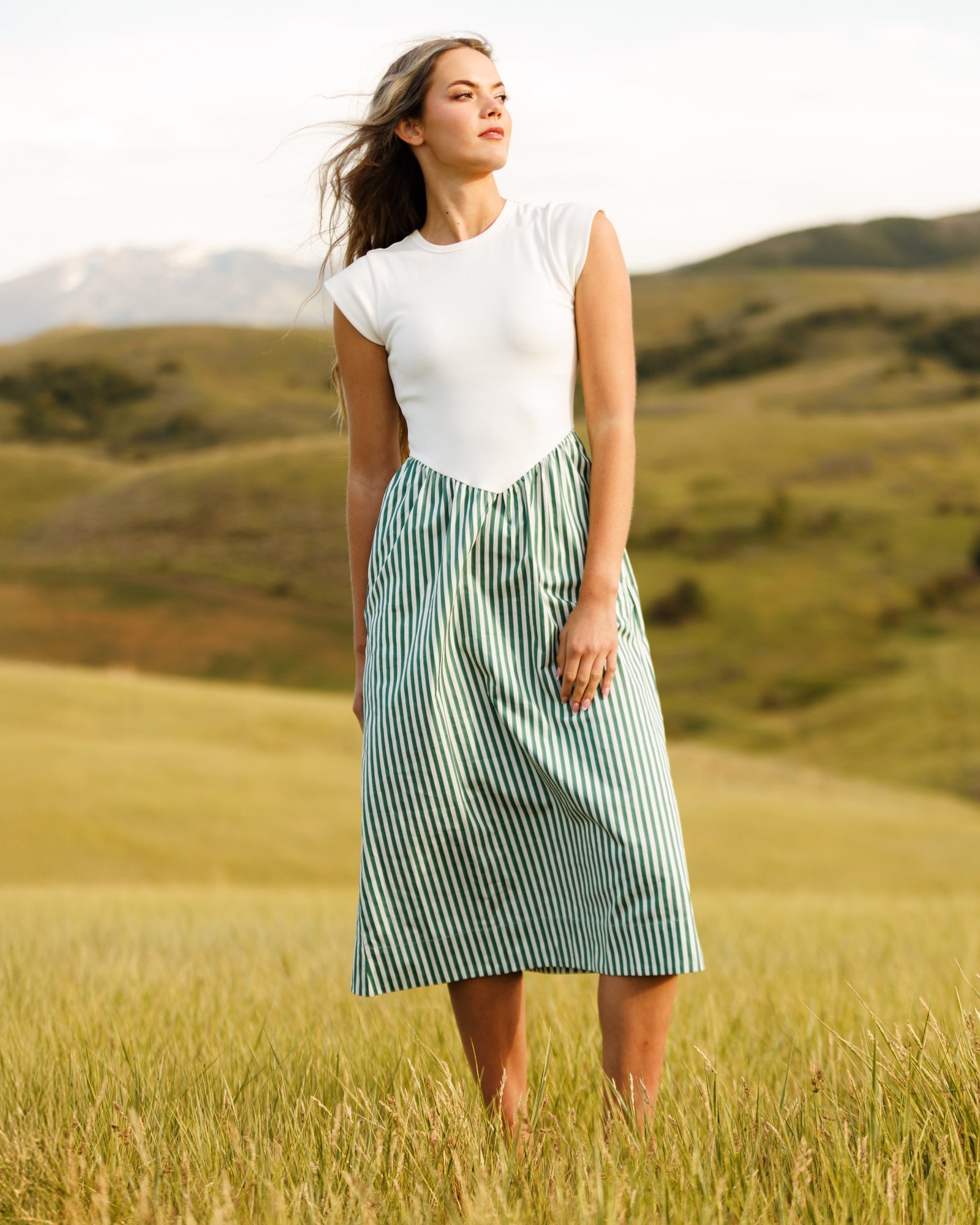 Valencia Green Striped Mixed-Media Midi Dress
