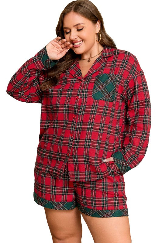 Plus Size Christmas Plaid Shirt and Shorts Pajama