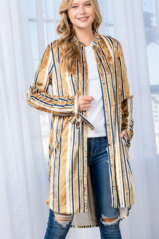 e Luna Striped Velvet Long Cardigan