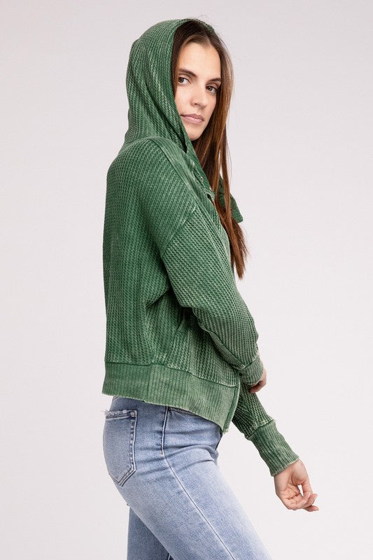 ZENANA Acid Wash Cotton Waffle Hooded Zip-Up Jacket