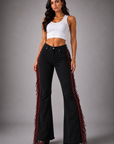 GJG Denim Texas Sun Black Bell Bottom Jeans with Burgundy Fringe