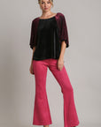 Umgee Round Neck Leopard Balloon Sleeve Velvet Top