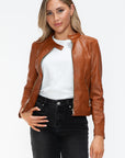 Snobbish Faux Leather Zip Up Drawstring Hooded Jacket