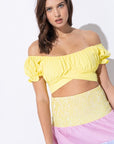 Off  Shoulder Pleated Crop Top with Back Ribbon Tie