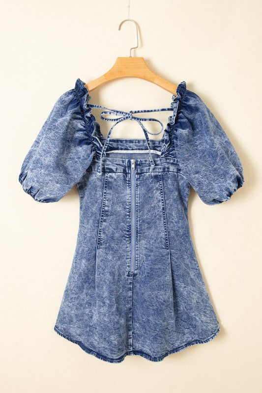 Denim Frilly Square Neck Bustier Puff Sleeve Dress