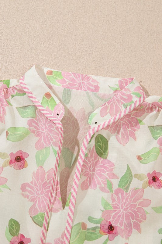 Floral V-Neck Puff Sleeve Peplum Blouse