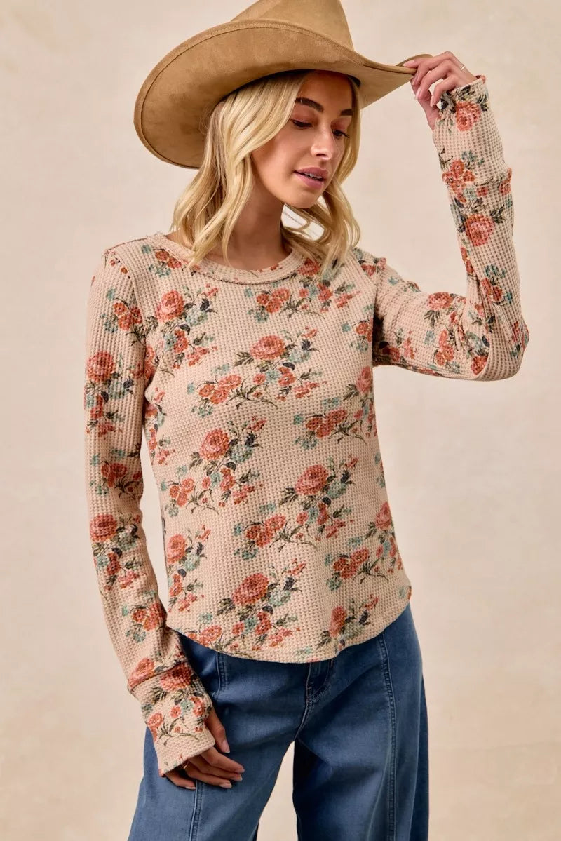 BiBi Floral Print Washed Waffle Thermal Top with Thumb