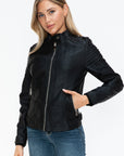 Snobbish PU Leather Biker Jacket with Side Zip Pockets