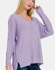 Zenana High-Low Center Seam V-Neck Sweater