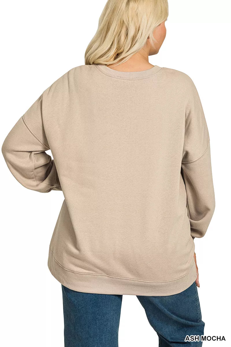 Zenana Full Size Fleece Hi-low Boyfriend Sweatshirts with Pockets Plus Size in Mocha