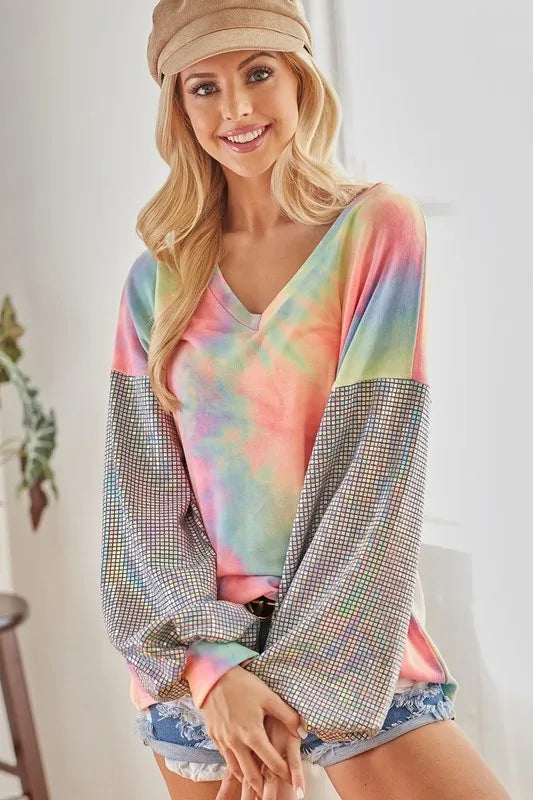 BiBi V Neck Tie Dye French Terry Top with Shiny