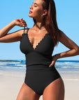 Scalloped V Neck Cut Out Monokini Swimwear