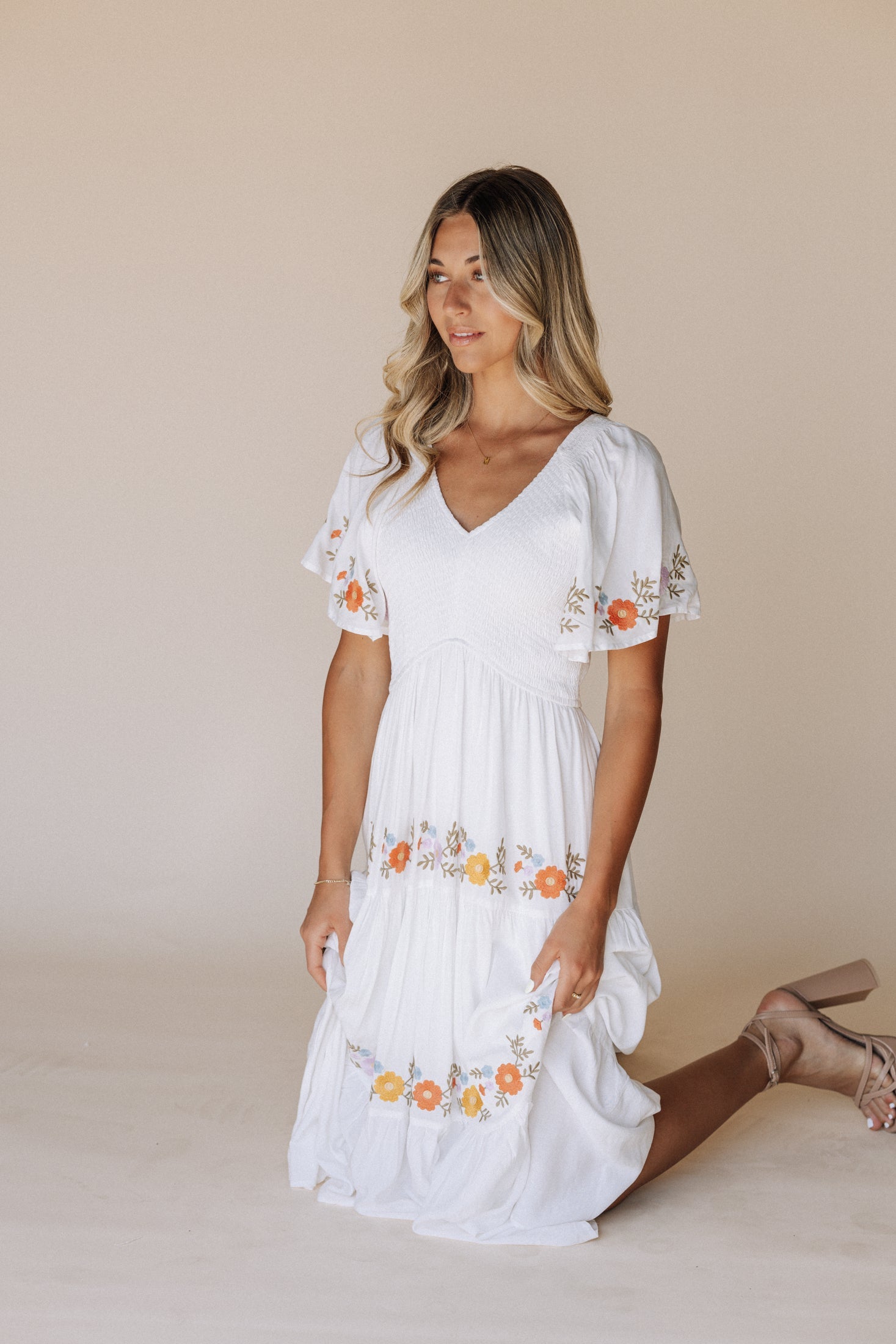 Sicily Embroidered Smocked Midi Dress White Cottagecore Style Sicily Embroidered Smocked Midi Dress White Cottagecore Style